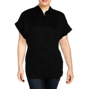 Lauren Ralph Lauren Womens Plus Linen Pleated Back Button-Down Top Black 2X