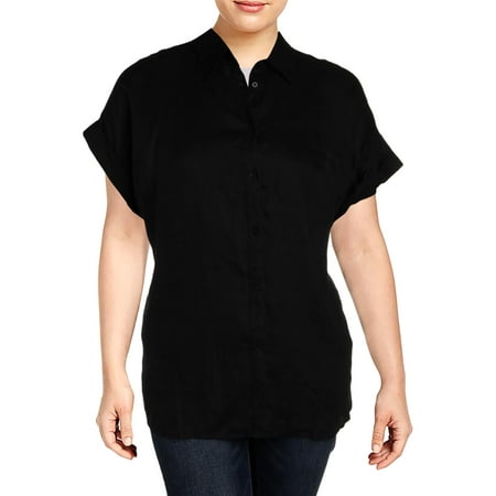 Lauren Ralph Lauren Womens Plus Linen Pleated Back Button-Down Top Black 2X
