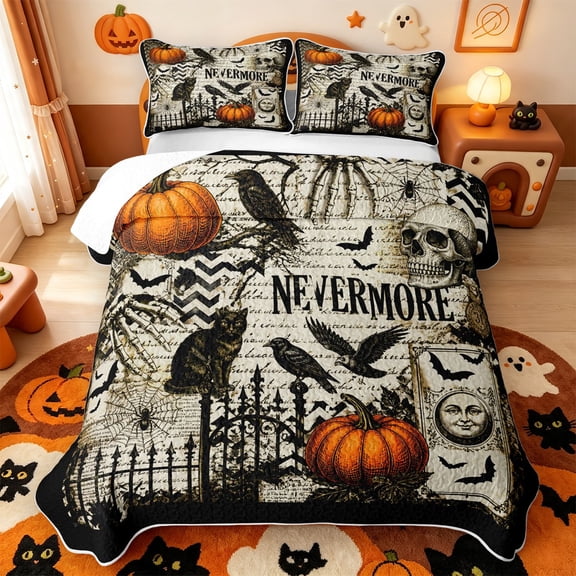 Manfei Cartoon Skull Quilt Full,Autumn Pumpkin Pattern Halloween Full Bedspread Sets,3 Pieces,1 Coverlet and 2 Pillowcases