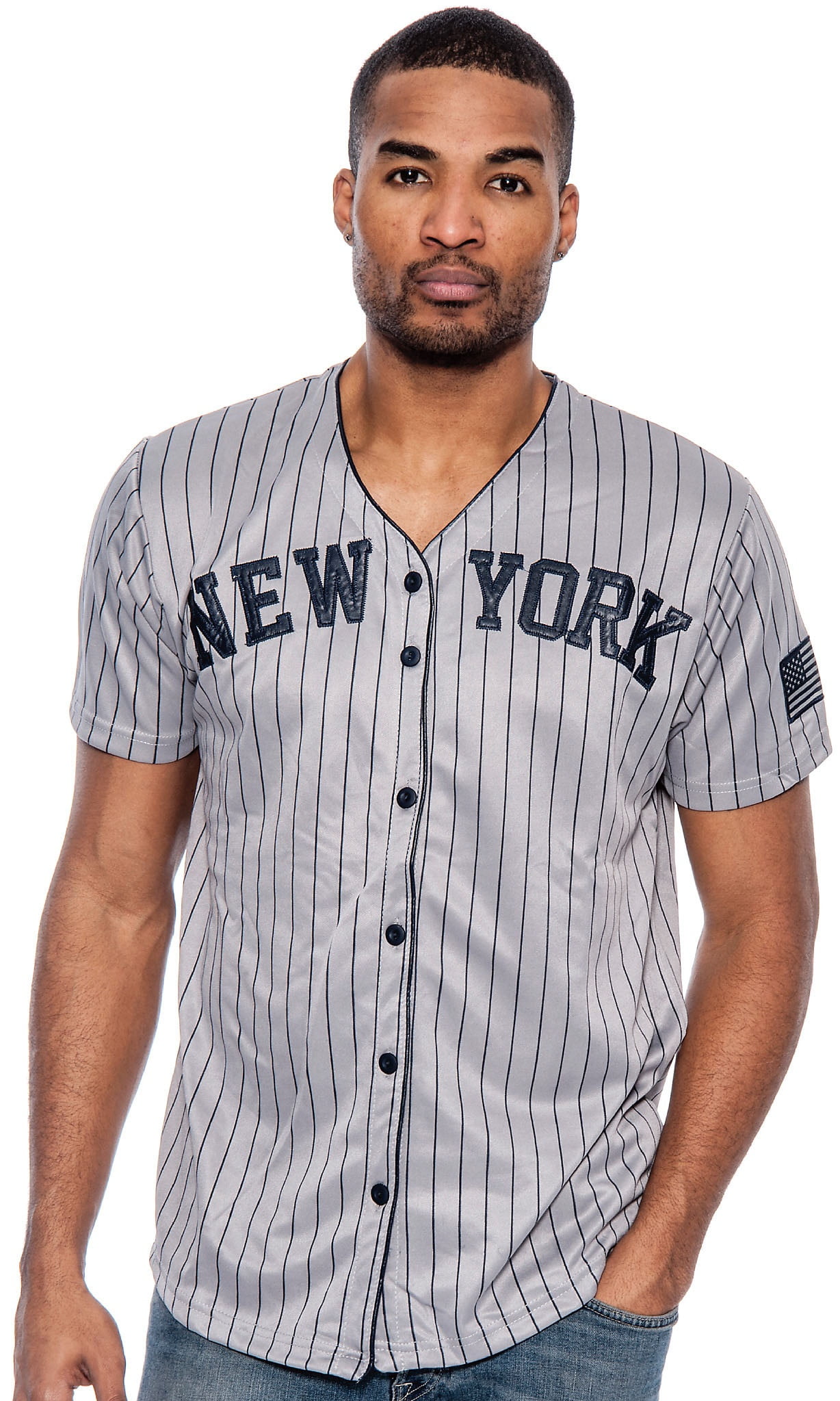 True Rock Men's New York Slim Fit Pinstripe Baseball Jersey (Navy/White, Small)