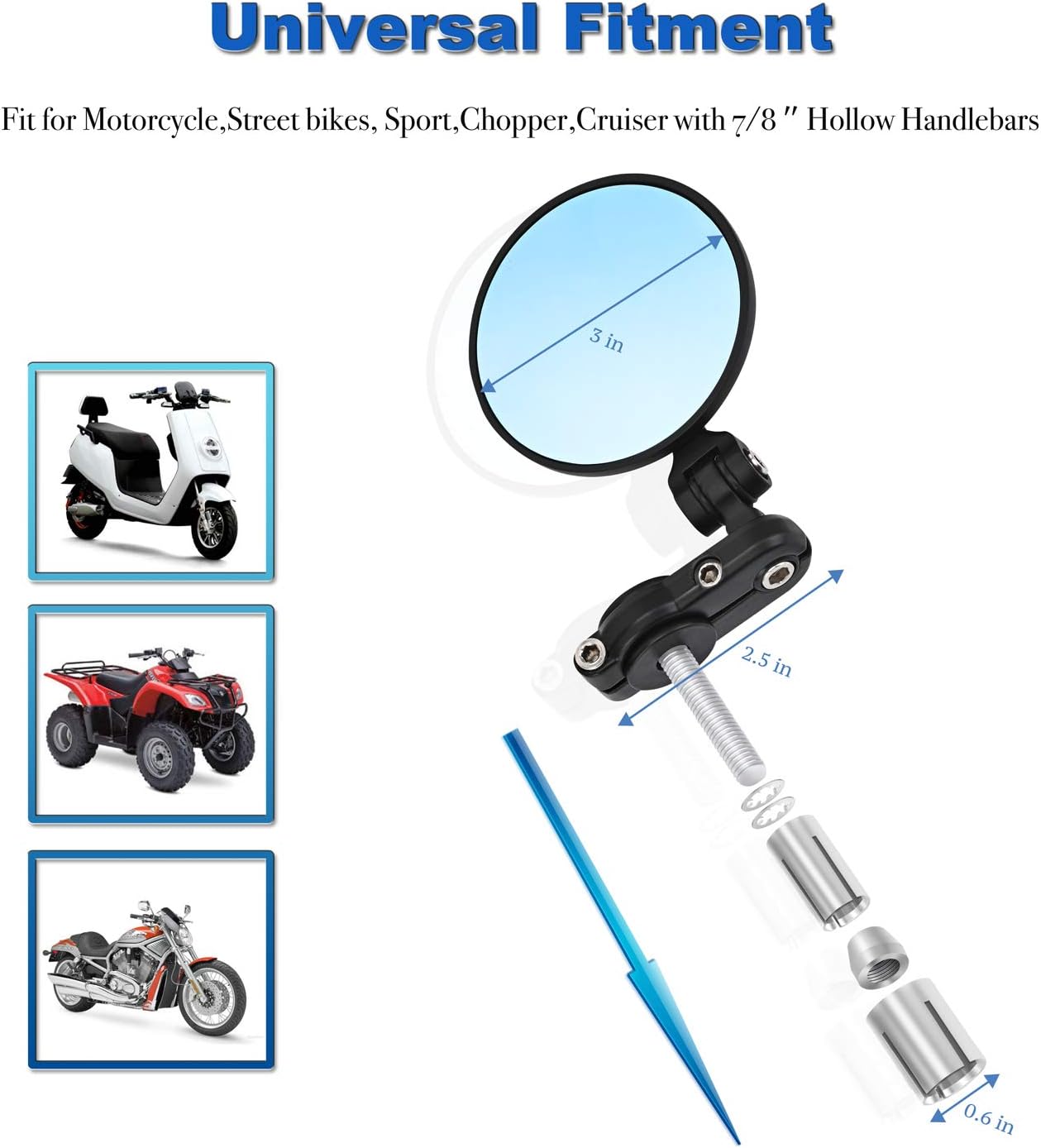 Trkimal Universal Motorcycle Mirrors Handle Bar Rear View Blue Mirrors - 3 Inch Round Folding Bar End Side Mirror Anti-Glare Compatible with Street Bikes Sports Scooter Chopper Cruiser