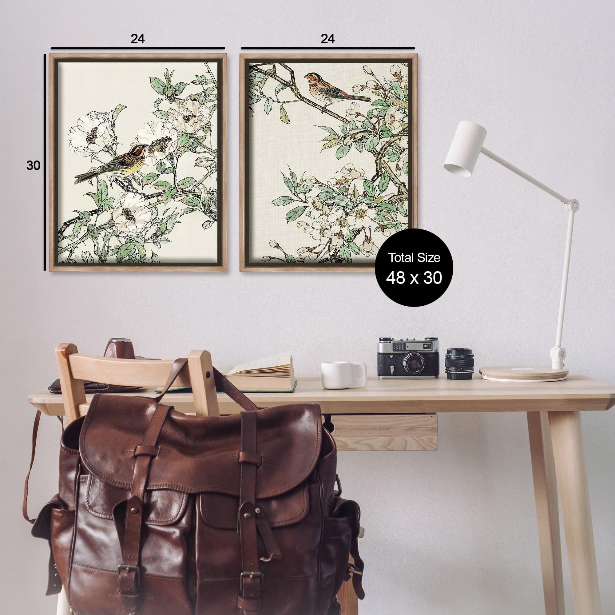 Stupell Industries Classic Sparrow on Blossoms Animals & Insects Painting Brown Floater Framed Canvas Art Print Wall Art, 25 x 31, Set of 2