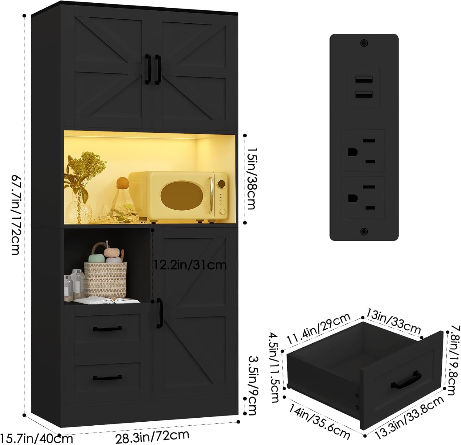 Winkalon 68'' Kitchen Pantry Hutch with Charging Station and LED Light, Buffet Storage Cabinet with Adjustable Shelves, Black