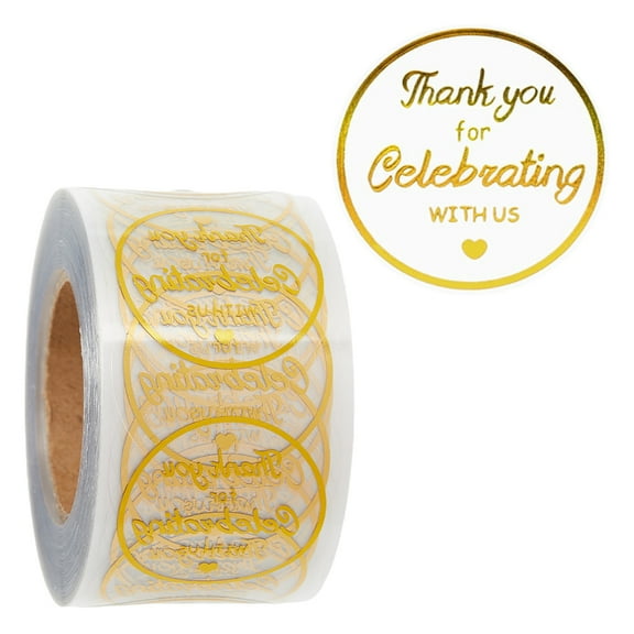 1Roll 500Pcs 1.5Inch Thank You for Celebrating with us Gift Clear Stickers Self Adhesive Stickers Roll Waterproof Gold Foil Round Dot Decals Personalized Gift Stickers for DIY Envelope Seals