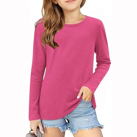 

Cethrio Long Sleeve Tops for Girls Soft Casual Crew Neck Fall Undershirts Hot Pink Size 5-6 T