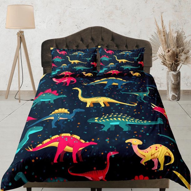 Ropa de Cama Dinosaurio Azul Oscuro, Ropa de Cama Infantil Completa, Bonito Juego de Funda Nórdica, Dinosaurio