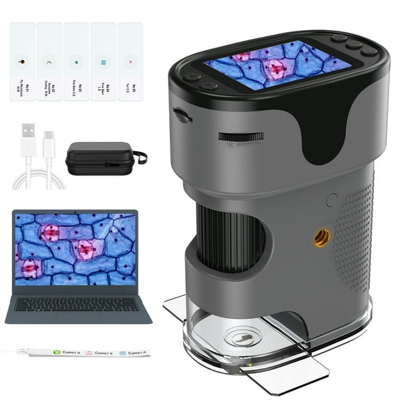 QUNSE Rechargeable Digital Handheld Pocket Microscope, Kids Microscope 200X-1000X with 4K Screen, Portable Science Kit with Slides for Kids (Gray)