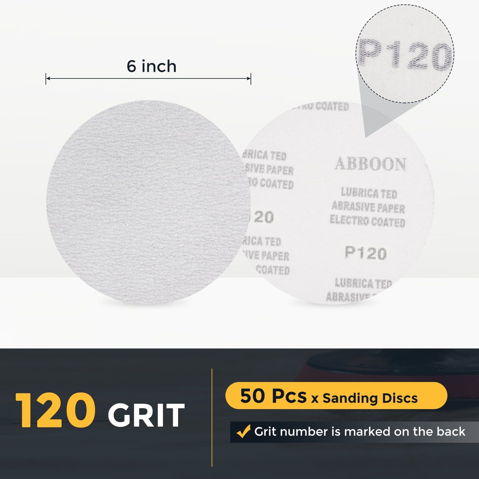 50 Pcs 6 Inch Sanding Disc 120 Grit Hook and Loop Sandpaper Random Orbital Sander Pads for Woodworking Automotive Metal Polishing, White
