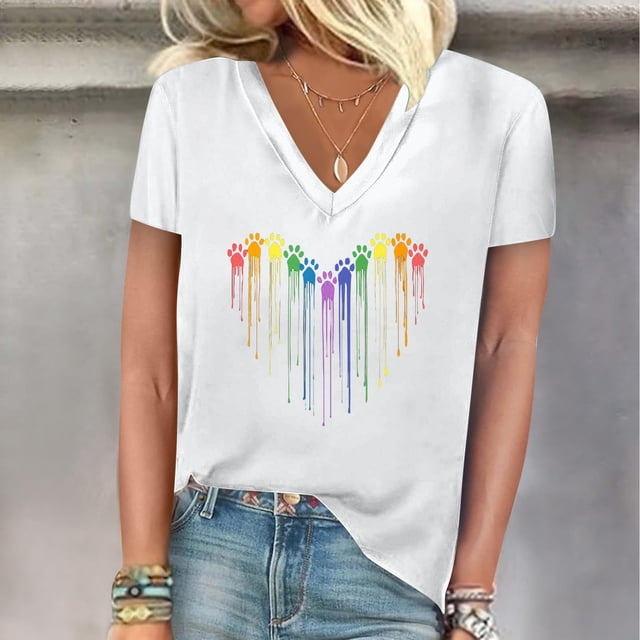 Fiudx Camisetas para Mujer Blusas Informales de Manga Corta con Cuello En V y Estampado a La Moda para Mujer