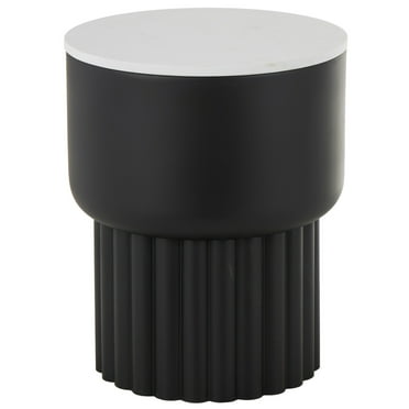 DecMode 15" x 19" Black Metal Ribbed Accent Table with White Marble Tabletop, 1-Piece