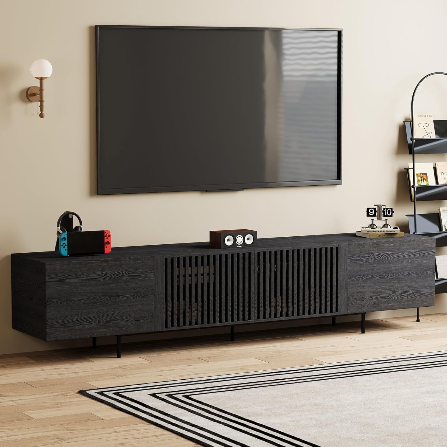 Mid Century Modern Black TV Stand for 80 Inch and Larger TVs, 94.48" Media Console with Solid Wood Slatted Doors, Metal Base, Stylish Entertainment Center for Living Room or Bedroom