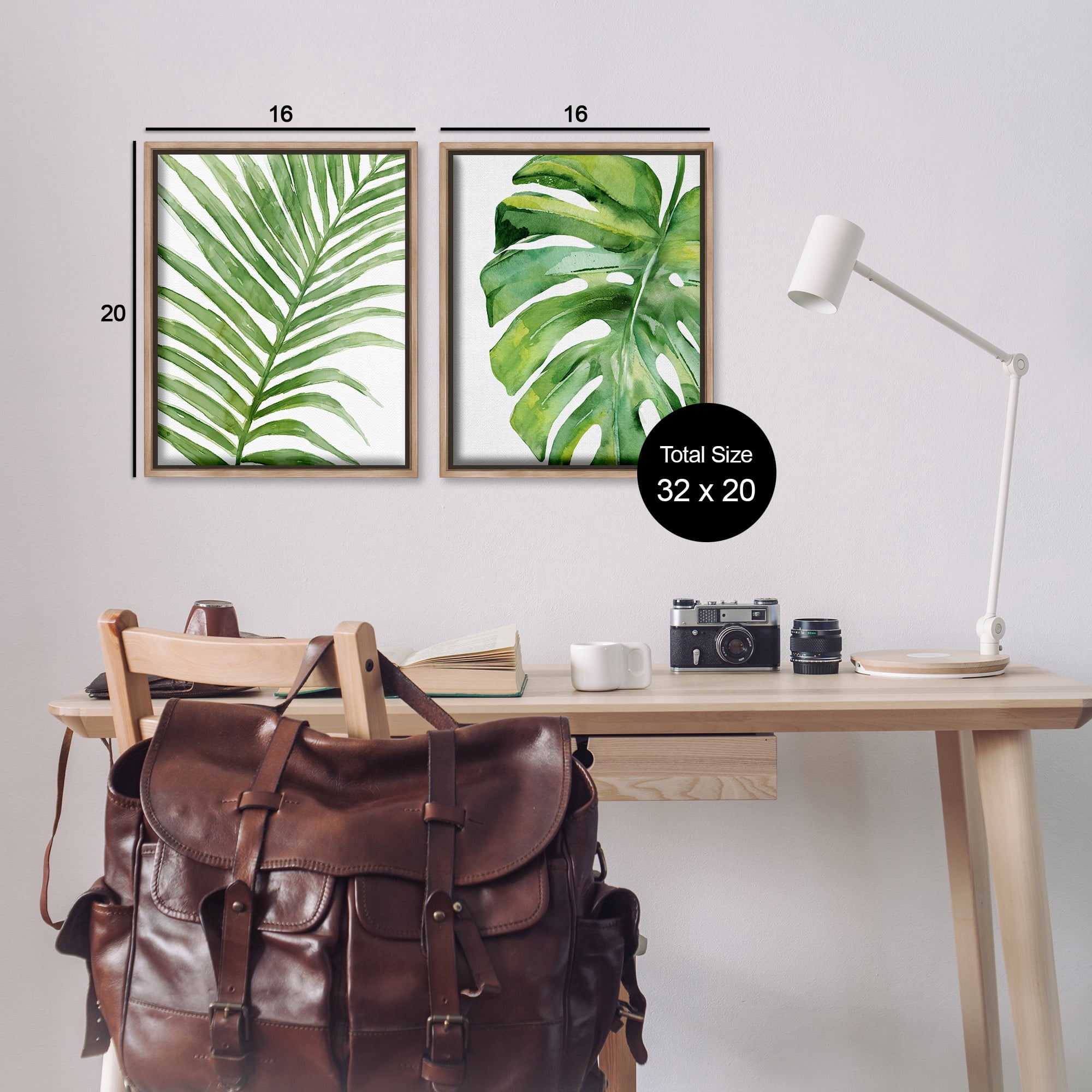 Stupell Industries Minimal Tropical Green Palms Botanical & Floral Painting Brown Floater Framed Canvas Art Print Wall Art, 17 x 21, Set of 2