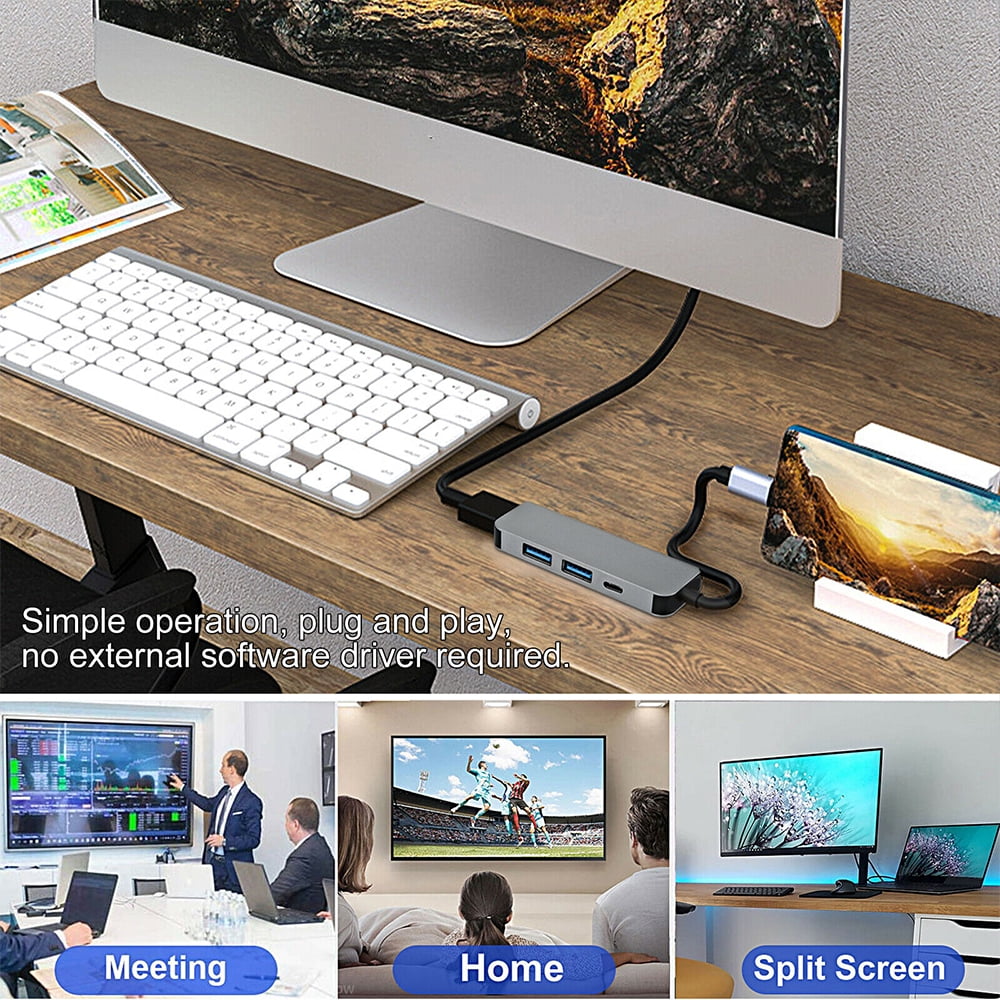 USB C hub, 4K USB C to HDMI, 2 USB C to USB 3.0 and FlashDrive, Type C Hub USB-C power adapter, suitable for Mac Book Pro, Chromebook, Deal XPS and Samsung Galaxy S8/S8+/S9/S9+/Note 8 (4 silver ports)