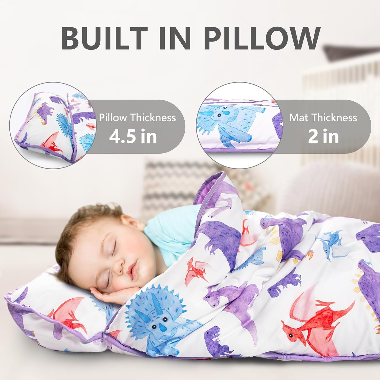 Wake In Cloud Toddler Nap Mat With Pillow & Blanket - 100% Cotton Dinosaur Navy Extra Long Sleeping Bag For Daycare & Preschool