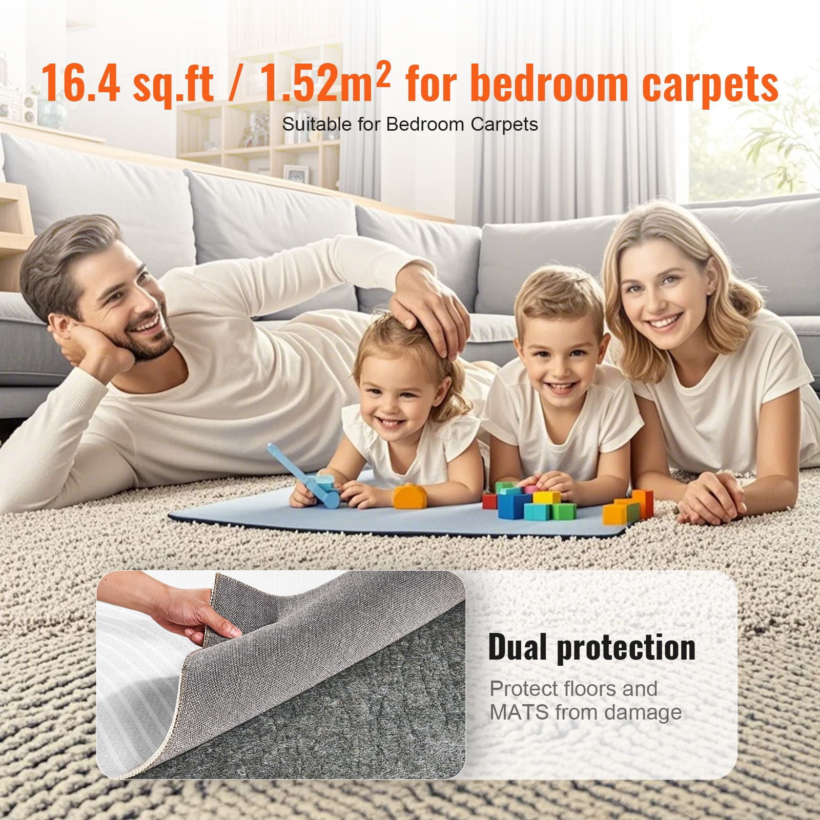 Carpet Pad 40.18 sq.ft, 6mm Thick, Anti-Slip Latex Backing, Dense Felt Surface, for Area Rug Underlayment
