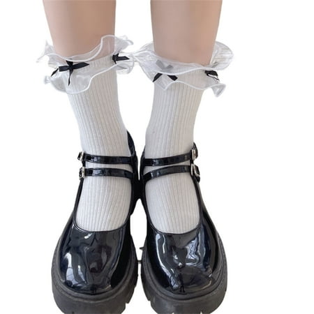 

Women Lolita Sweet Organza Tulle Ruffled Trim Crew Socks Japanese Harajuku Cute Bowknot Ribbed Cotton Solid Color Princess Short Anklet Hosiery