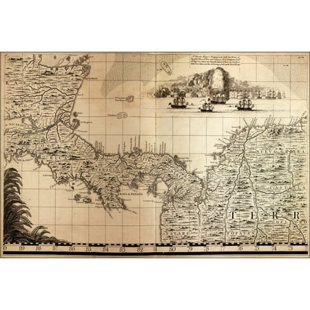 24"x36" Gallery Poster, map of Costa Rica, Nicaragua, Panama 1733