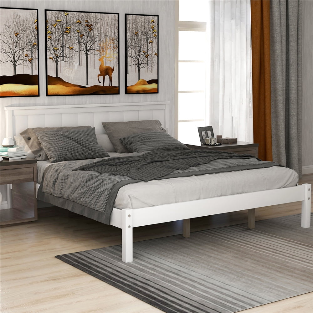 White Wood Bed Frames for Queen Size, Modern Platform Bed Frame with