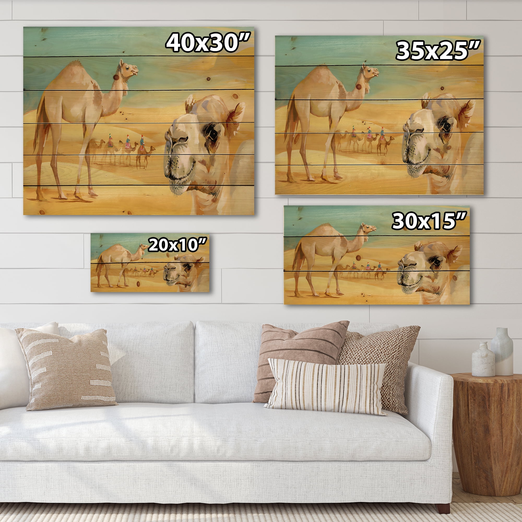 Designart 'Camels In Wild Desert II' Farmhouse Print on Natural Pine Wood
