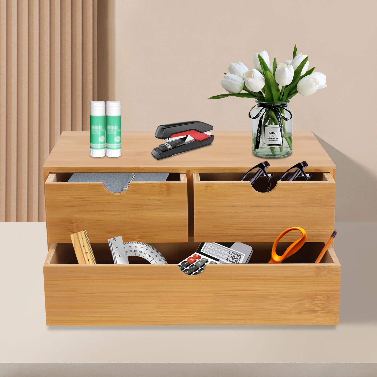 Fichiouy Wooden Bamboo Desk Top Organizer 3 Drawers Shelf Desktop Office Home Decor New