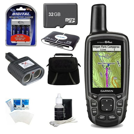 Garmin GPSMAP 64st Worldwide Handheld GPS BirdsEye + US Maps Bundle Includes GPS, 32GB MicroSD Card, 57-in-1 USB Card Reader, AA Charger with 4 AA Batteries, Deluxe Gadget Bag, and (Best Handheld Gps For Boating)