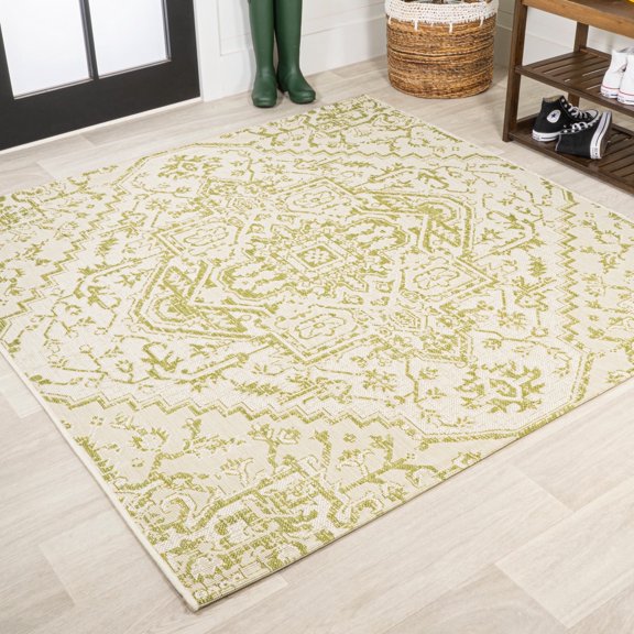 JONATHAN Y SANTA MONICA 5' Square Area Rug, Estrella Bohemian Medallion Textured Weave - Cream/Green, SMB105E-5SQ