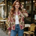 thumbnail image 2 of COEQINE Women's Bomber Jacket Zip Up Long Sleeve Varsity Shackets Lightweight Coat with Pockets, Stand Collar Loose Fit Casual Jacket Fall Winter Outfits, Small, Elegant Butterfly Flower, 2 of 7