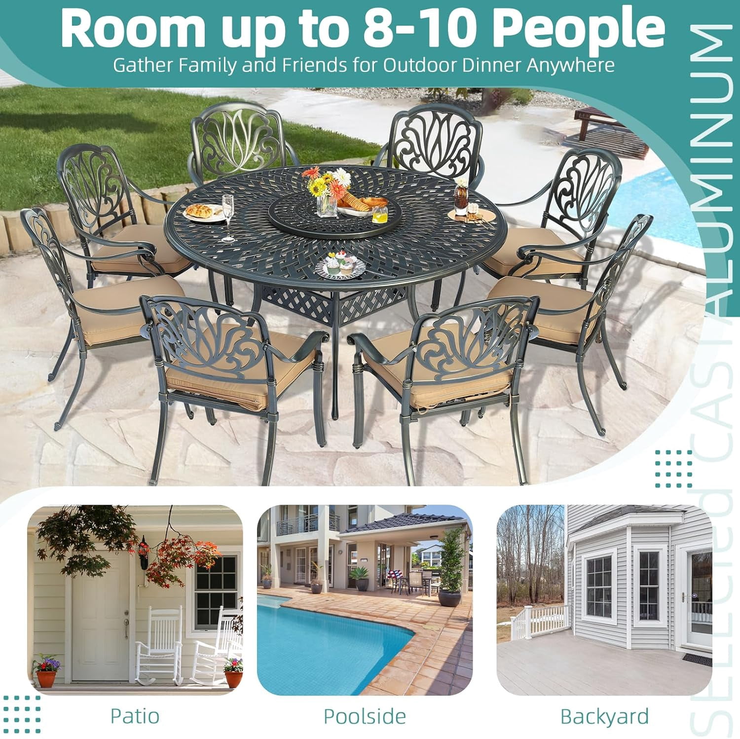 MEETWARM Outdoor 61" Round Patio Dining Table with Detachable Lazy Susan, All Weather Cast Aluminum Large Patio Furniture Table Set for 8 Seat with 24" Rotating Tray, Umbrella Hole, Dark Bronze