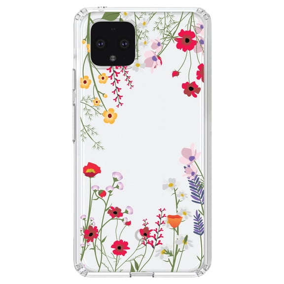 DistinctInk Clear Shockproof Hybrid Case for Google Pixel 4 (6.1" Screen) - TPU Bumper Acrylic Back Tempered Glass Screen Protector - Wildflowers Border Blue Pink Purple