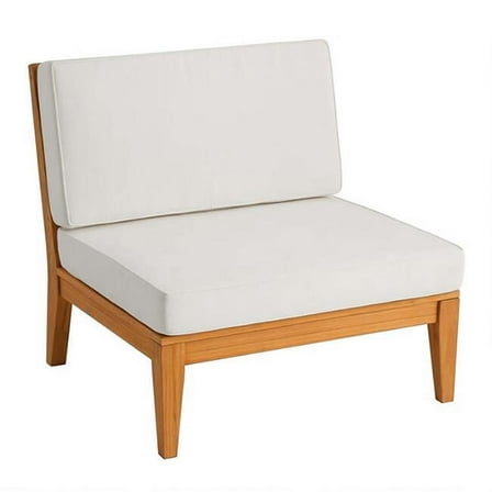 Pemberly Row Outdoor Teak Wood Armless Chair with White Cushions in Natural Oil