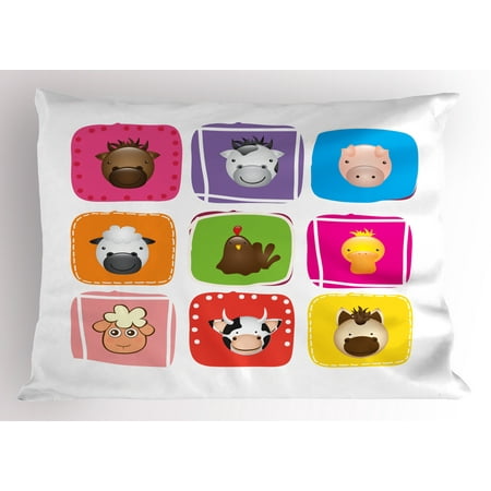 - Baby Pillow Sham Geometric Pattern with Squares Animal Faces Horse Chicken Cow Duck Sheep and Pig, Decorative Standard Queen Size Printed Pillowcase, 30 X 20 Inches, Silver Emerald, by Ambesonne