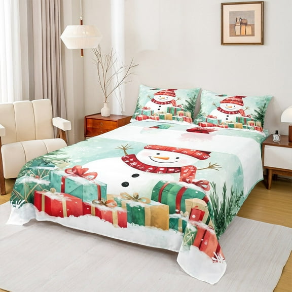 jejeloiu Kawaii Xmas Snowmen Twin Sheet Sets,Merry Christmas Gifts Twin Fitted Sheet,Happy New Year Flat Sheet For Teens,Lightweight Room Decor,3pcs