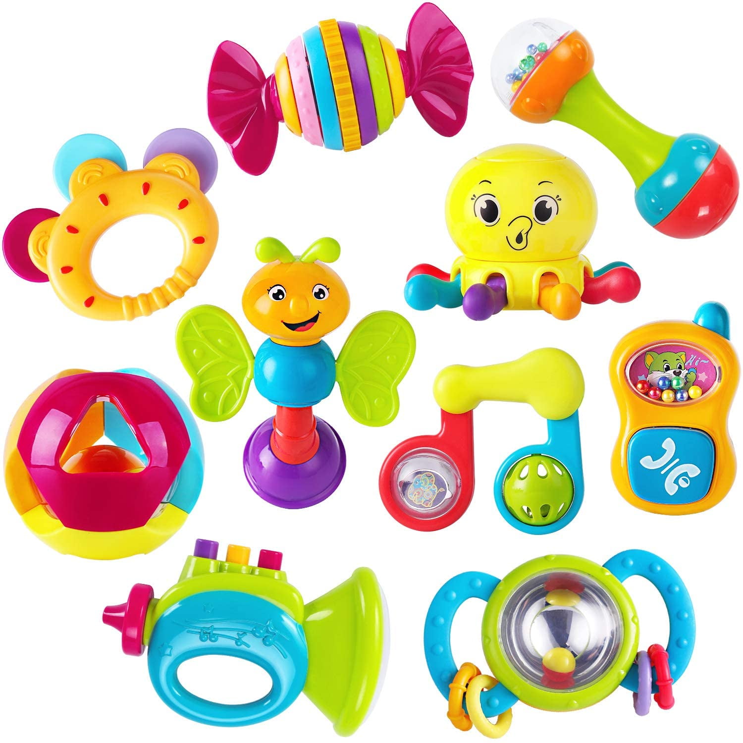 Silicon Chew Teether Newborn Shower Gifts for 0 3 6 9 12 Month 1 Year Old Boy Girl iPlay Shaker Grab Spin Rattles Infant Teething Toys iLearn 10 Pcs Animal Baby Rattle Set Toddler Birthday Toy 