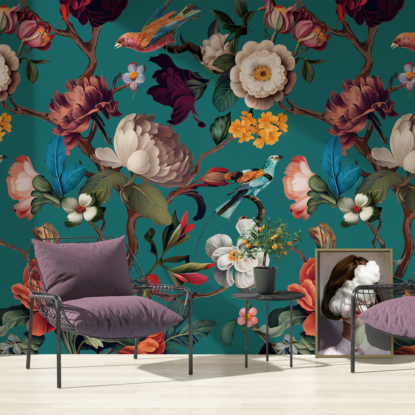 Xiayi Dark Blue Floral Mural Wallpaper Peel & Stick, 148" W x 98" H, Removable Vintage Wall Covering for Bedroom, Living Room & Rentals, 1 Piece