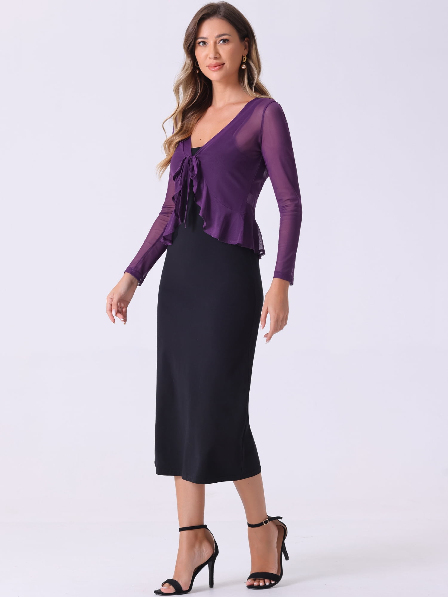 DARING DIVA Women's Ruffle Mesh Shrug Long Sleeves Self Tie Casual Bolero Cardigan S Purple