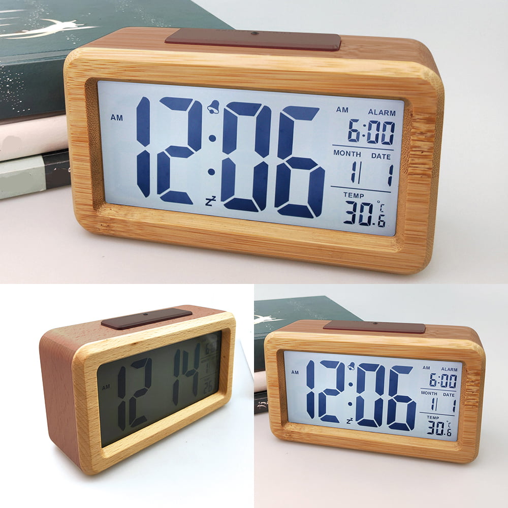 Wooden Alarm Clock Mirror Screen Digital Adjustable LED Display Time Date 