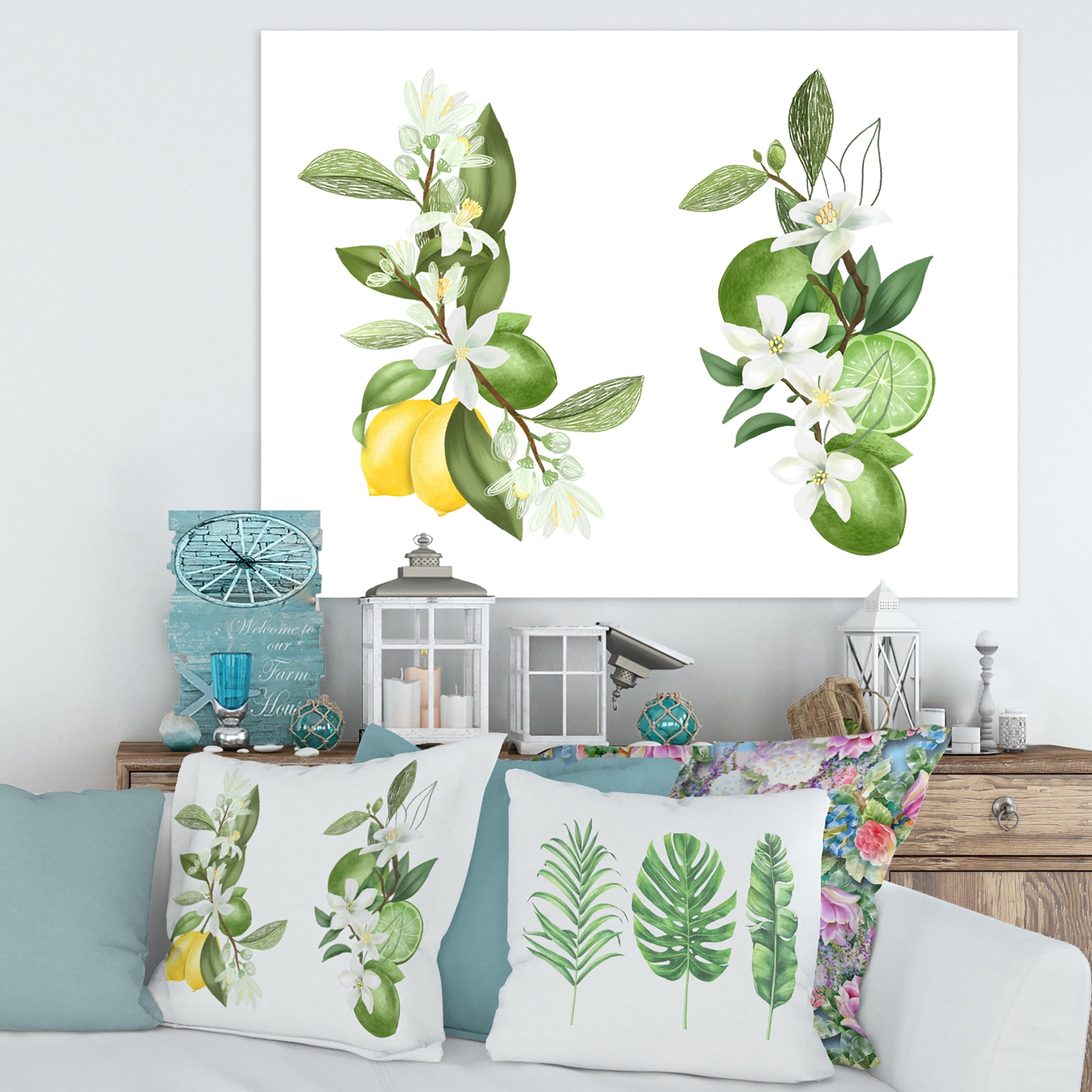 Bouquets Of Blooming Lemon Tree Branches on White 8 in x 12 in Painting Canvas Art Print, by Designart