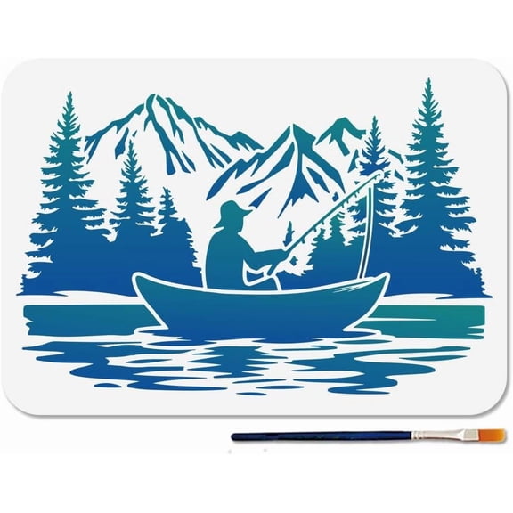 Fisherman Boat Stencil Reusable Lake Fishing Stencils forPainting 11.7×8.3inch Forest Mountain Art Craft Templates with Paint Brush