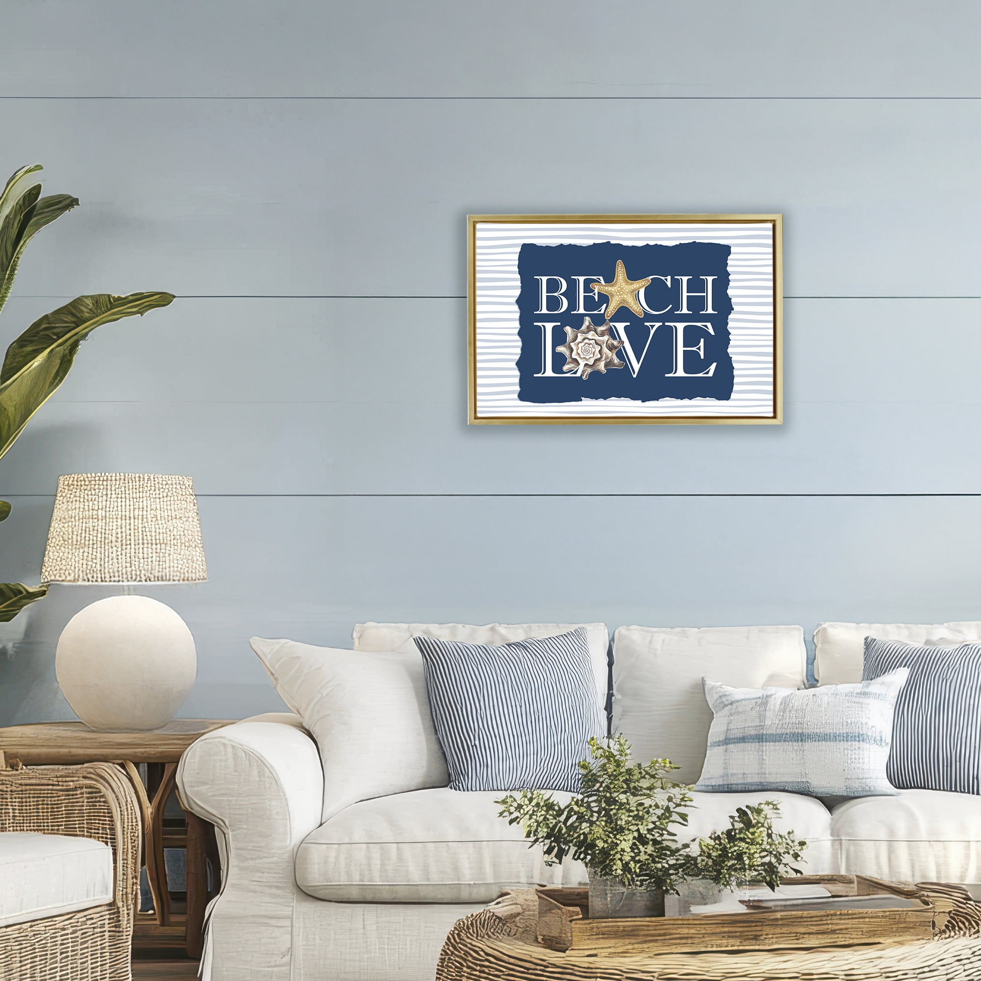Stupell Industries Beach Love Seashells Gold Framed Floater Canvas Wall Art, design by Kim Allen