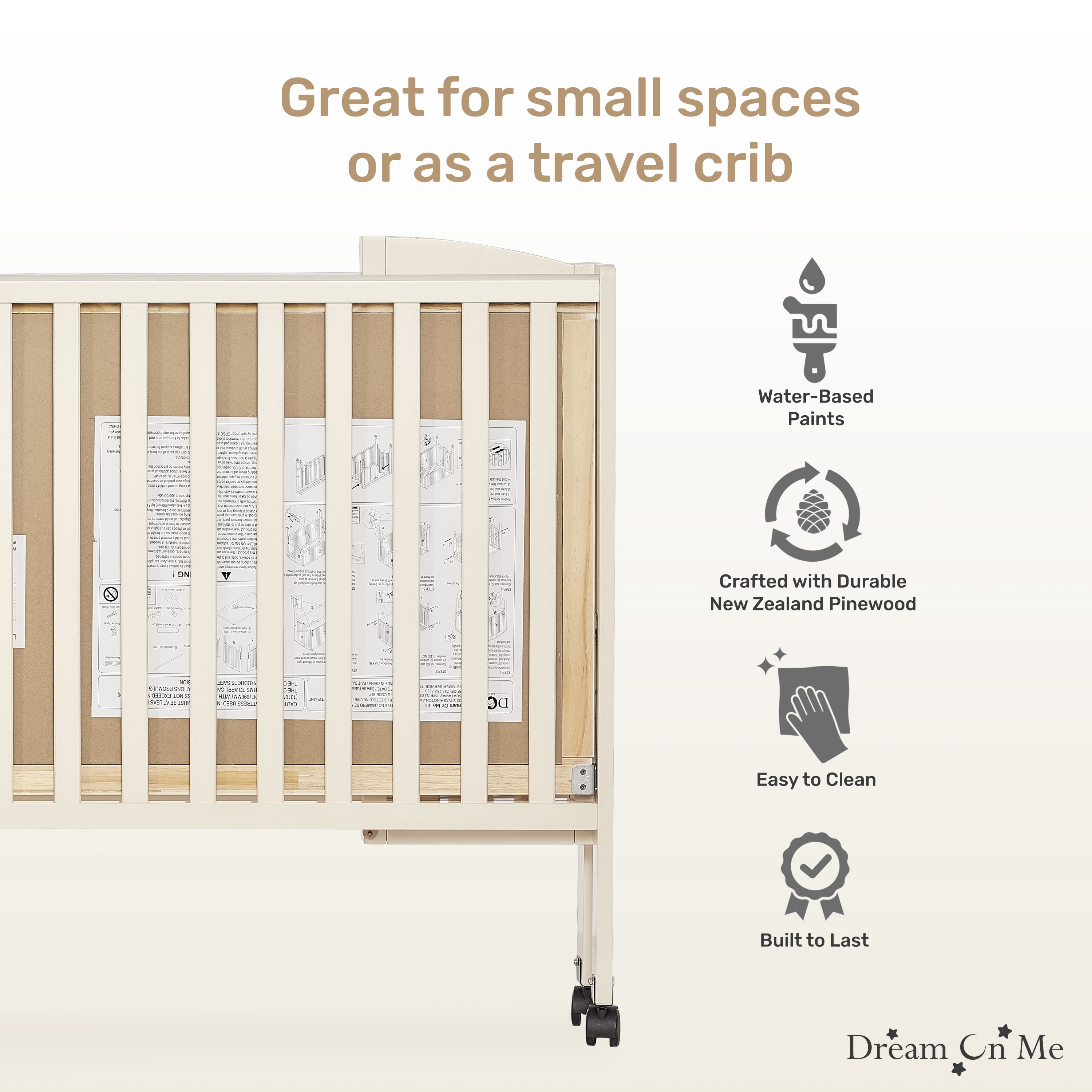 Dream On Me Full Size 2-in-1 Folding Stationary Side Crib, Locking Wheels, French White