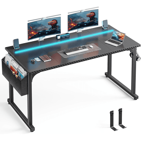 55-inch carbon fiber texture gaming desk featuring an RGB LED light strip, side storage pocket, and headphone hook; designed with a sturdy metal frame and a space-saving layout.