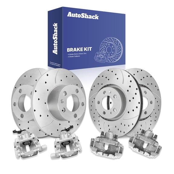 AutoShack Front Vented & Rear Solid Drilled & Slotted Silver Zinc Coated Brake Rotors   Calipers 8-PC Brake Kit Replacement for 2006 Volkswagen Jetta SilverShield Pro