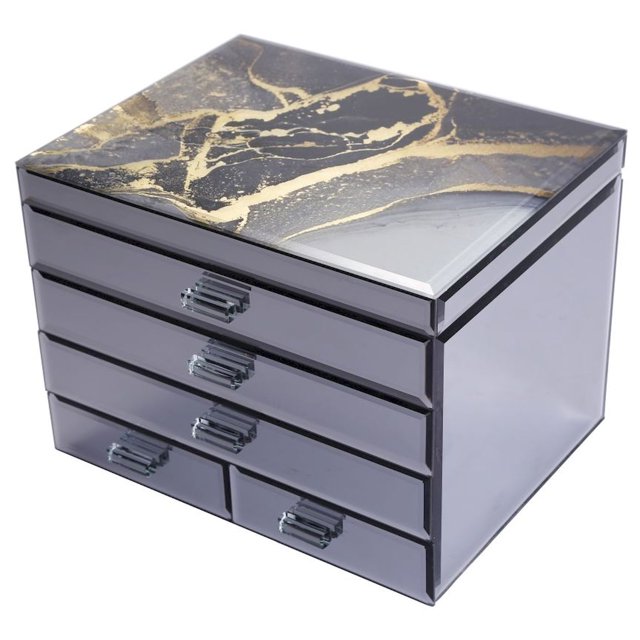 Agate Crystal Lid With Black Lined Multi Drawer Storage Jewellery Box