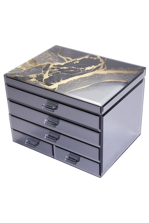 Agate Crystal Lid With Black Lined Multi Drawer Storage Jewellery Box