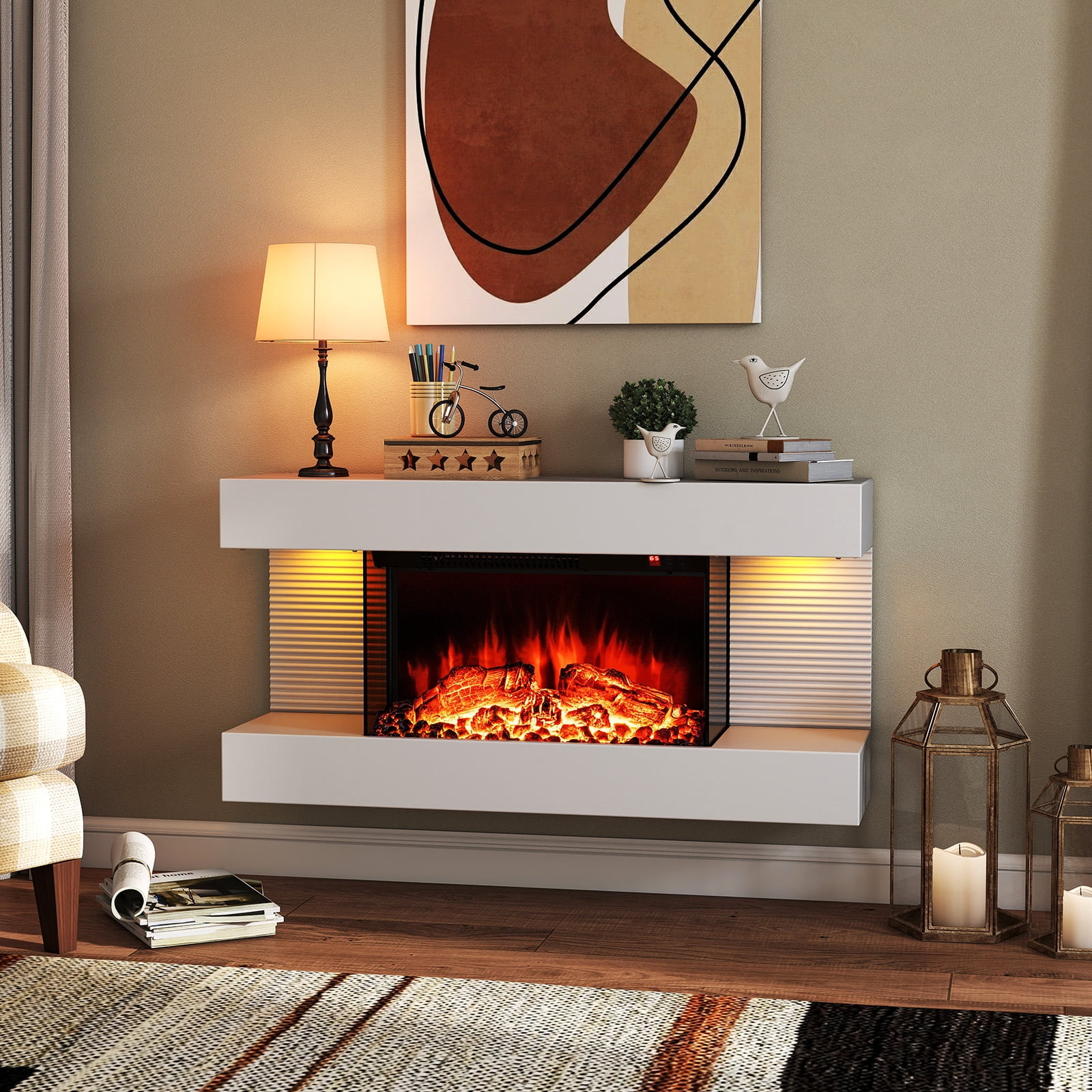 Giantex Wall-Mounted Electric Fireplace Mantel, 18" Fireplace & 32" Floating Mantel, 750W/1500W All-in-One Fireplace