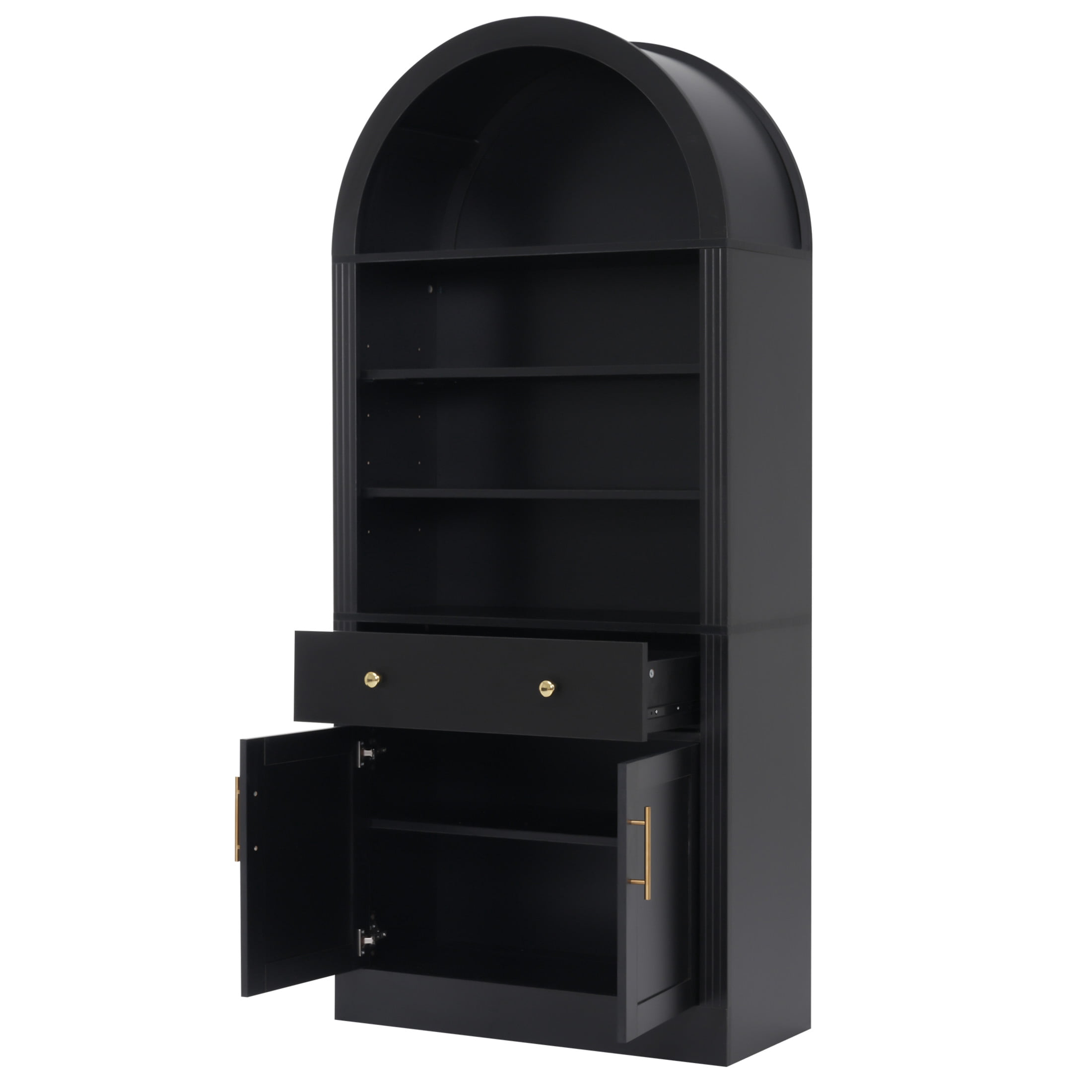 GDF Studio Corvel 70.9" Arched Bookshelf with Storage Cabinet & Adjustable Shelves, Kitchen Pantry Cabinet, Black