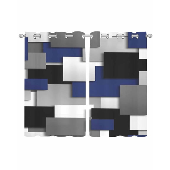 Navy Blue Black Geometric Sheer Curtains 45 Inch Length 2 Panels Set for Living Room/Bedroom, Modern Abstract Art Block Kitchen Curtains Grommet Semi-Sheer Curtains Drapes Window Treatments 42"x45"x2