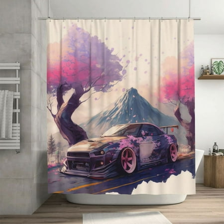 Cherry Blossoms Racing Car Pattern Shower Curtain, Watercolor Waterproof Bath Curtains for Bathroom Decorations, 72 x 72 inches
