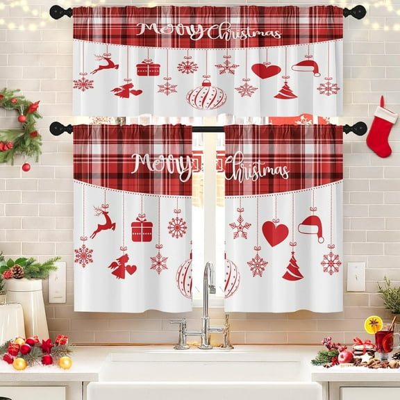Kitchen Curtains Christmas Tree Balls Snowflakes Angel Elk Valances and Window Curtains 3 Pcs Set Plaid Santa Hat Reindeer Fairy Lights Short Tier Curtain for Room Small Kitchen Window Decor