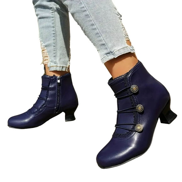 Dakaela Women's Ankle Boots Block Low Heels Buttons Vintage Fall Booties Round Toe Ladies Dress Work Pumps Shoes Blue 7